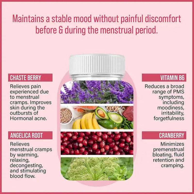 Menstrual Relief Gummies - Cranberry, PMS Vitamins for Period Pain, Hormonal Balance & Mood Swings