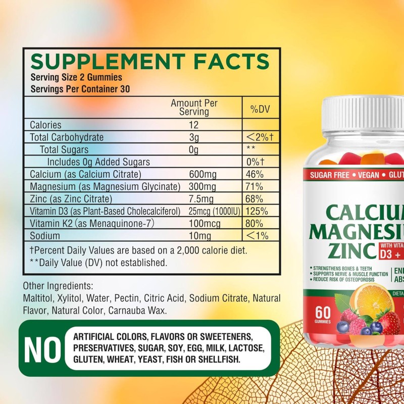 OEM Premium Calcium Magnesium Zinc Gummies with Vitamin D3 & K2 for Immune Support