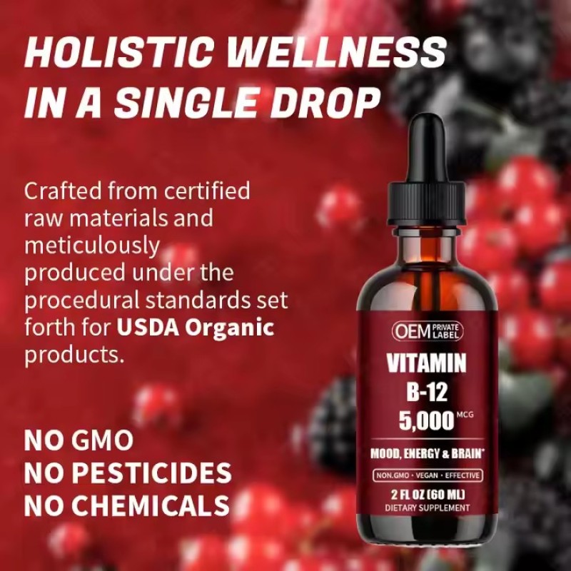 OEM/ODM Organic Sublingual Vitamin B12 Drops Vegan Liquid Methylcobalamin for Adults and Newborns High Absorption Oral Liquid