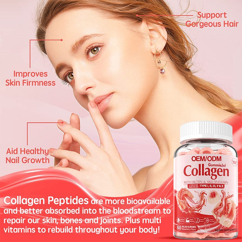 Strawberry Collagen Biotin Gummies for Skin Beauty and Nail Strength - Gluten-Free Supplement with Pectin Base
