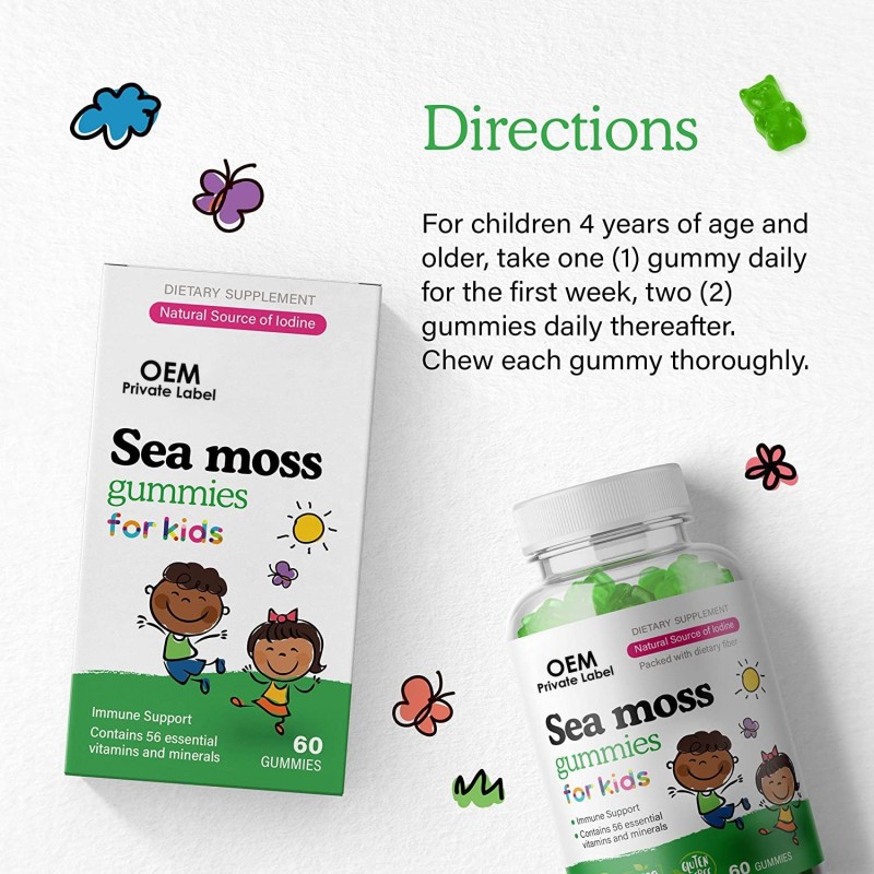 OEM  Kids Sea Moss Gummies for Immune and Thyroid Health with Chicory Root, Bladderwrack, and Burdock Root