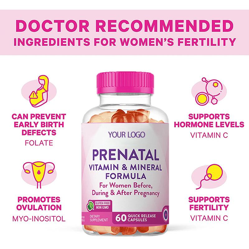 Private Label OEM ODM Organic Fertility Prenatal Vitamin Gummies for Women with Folate Vitamin C Myo-Inositol Iron Support