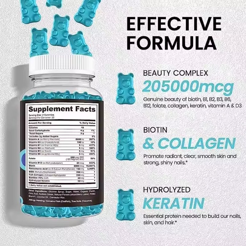 OEM/ODM Hair Skin Nails Multivitamin Natural Flavor Collagen With Biotin Vitamin Gummy  Collagen Biotin Gummies Supplements