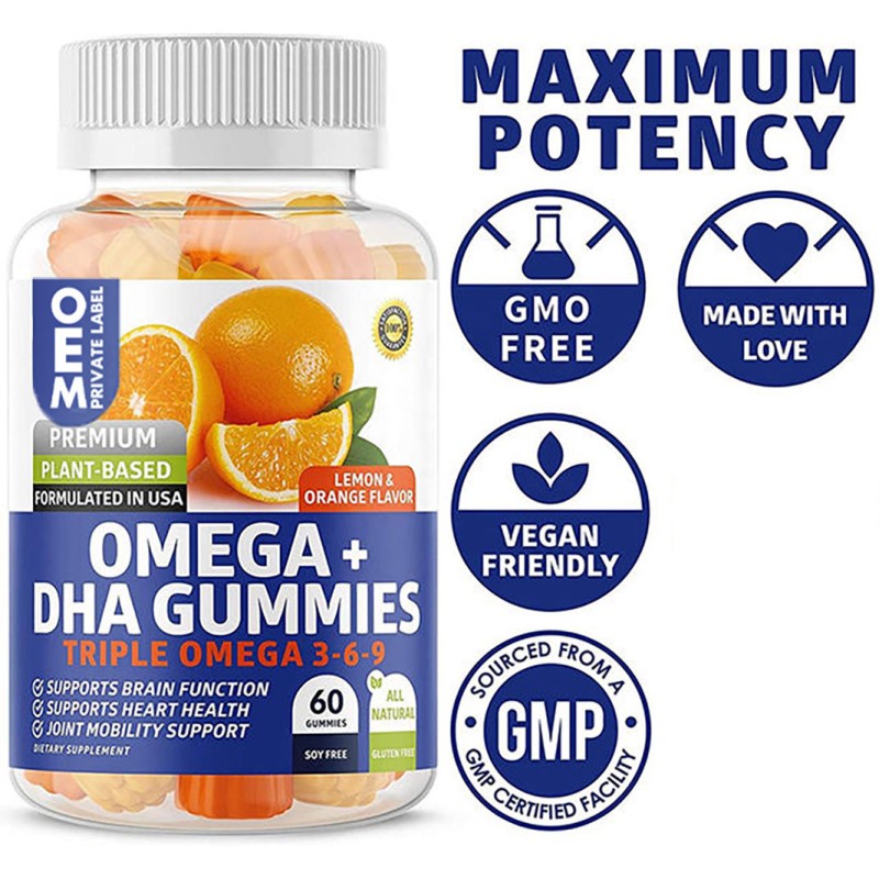 Hot Sale Private Label Vegan Omega-3 Gummies with Algae DHA EPA, Turmeric, Zinc & Vitamins Supports Brain Joint Heart