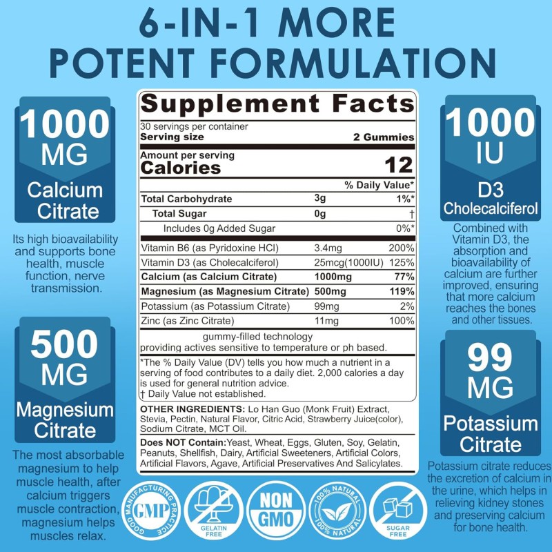 OEM Vegan Calcium Citrate Gummies  with Magnesium, Vitamin D3, Zinc, B6 & Potassium for Bone & Muscle Health