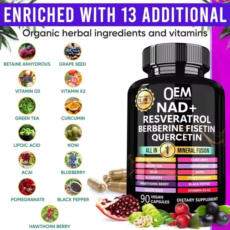 All 1 Liposomal NAD+ Resveratrol Quercetin Fisetin Capsules Supplement for Adults Enhancing Cellular Energy Essential Vitamins