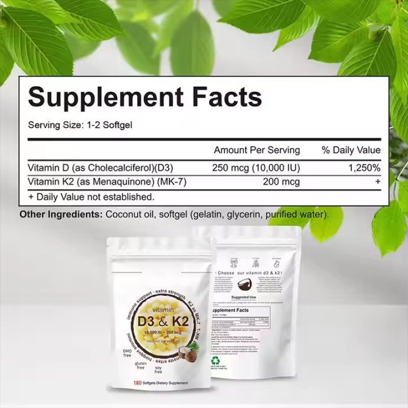 Immune Support Softgel Capsule 1000 IU D3 200MCG K2 Dietary Supplement for Adults 5000 IU Vitamin D3 K2 Pregnant Women