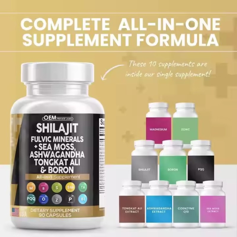 All in 1 Supplement Shilajit Fulvic Minerals Sea Moss Ashwagandha Tongkat Ali Boron Fulvic Acid Capsules for Men