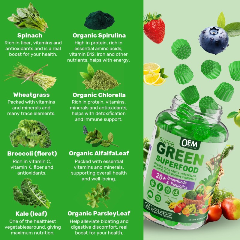 Organic Super Greens Gummies with Spirulina, Chlorella and Prebiotic Fiber for Gut Health 60 Gummies