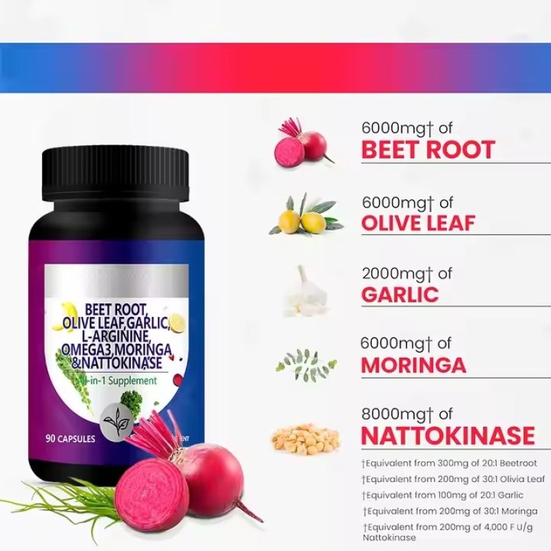 Beets Olive Leaf Garlic Moringa Nattokinase Red Rice Yeast Turmeric Herbal Extract Capsules Supplement Omega 3