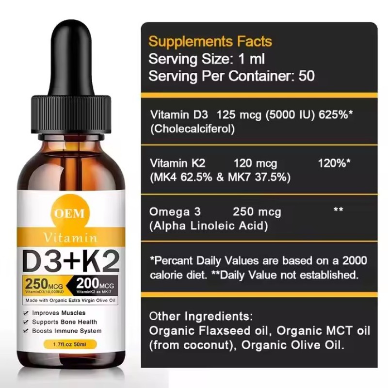 OEM/ODM High Quality Vitamin D3 K2 Drops Oral Oil Support Bones Liquid Drops System and Energy Levels