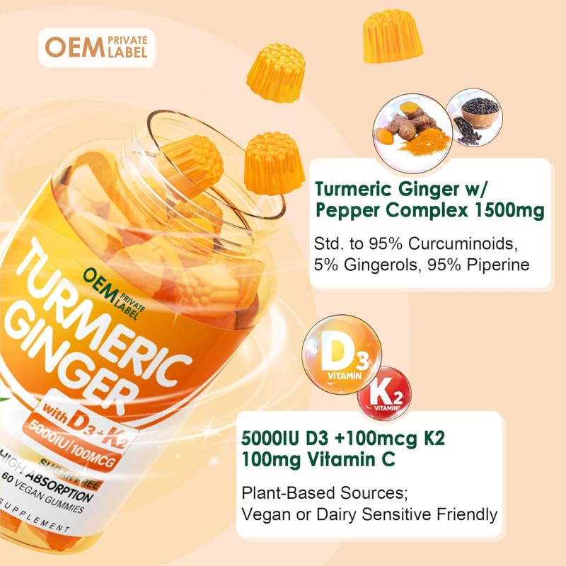 OEM Sugar-Free Vegan Turmeric Gummies 1500mg with Ginger, Black Pepper, Vitamin D3 & K2 (MK7)