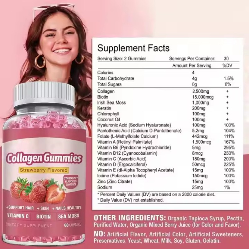 Customized Enhanced Collagen Biotin Hyaluronic Acid Multiple Vitamins Irish Sea Moss Vegetarian Gummies Supplement