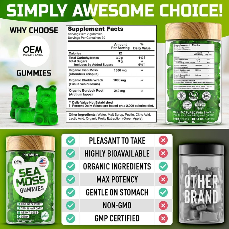 Customized Organic Vegan Sea Moss Gummies with Bladderwrack and Burdock Root for Immune Support and Vitality