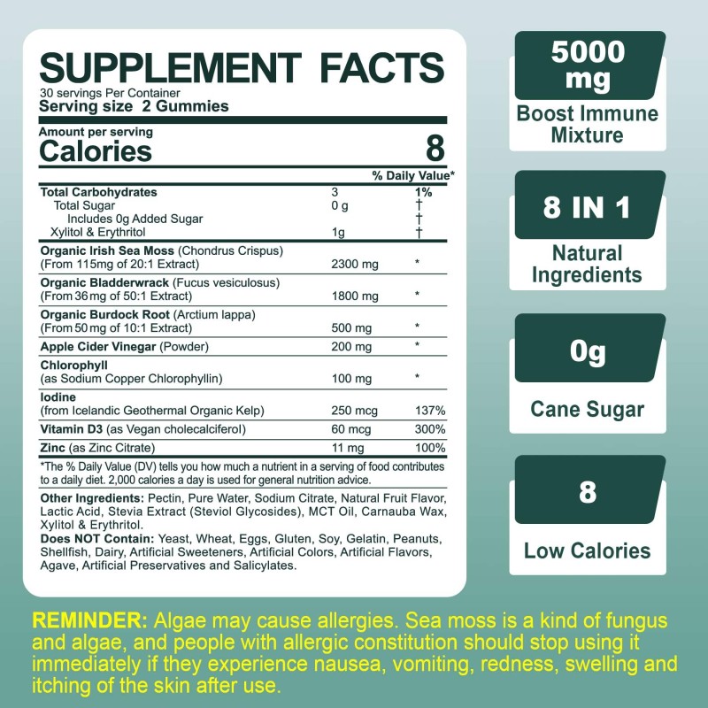 Vegan Sea Moss Gummies with Bladderwrack & Burdock - Organic Irish Vitamins for Immune Support & Energy Boost
