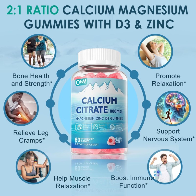 OEM Vegan Calcium Citrate Gummies  with Magnesium, Vitamin D3, Zinc, B6 & Potassium for Bone & Muscle Health