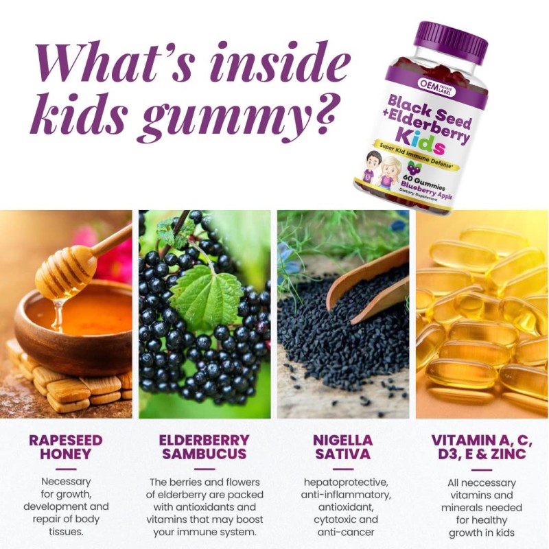 OEM Immune Support Gummies for Kids - Berry Flavor with Elderberry, Black Seed Oil, Vitamin C, and Zinc