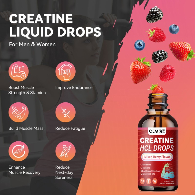 OEM Creatine HCL Liquid Drops with L-Carnitine, BCAA, Glutamine & Vitamins B12 B6 for Muscle Growth