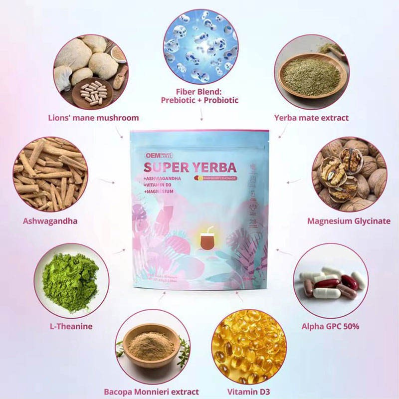 OEM Super Yerba Powder - Raspberry Lemonade Ashwagandha Mushroom Magnesium Vitamin D3 - Energy Focus Gut Support Supplement