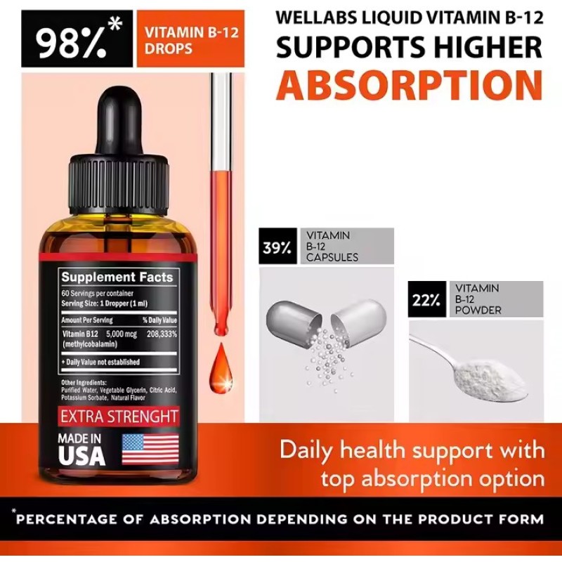 OEM Vitamin B12 Drops Support Metabolism Energy Enhance Organic Vegan  Liquid Supplement
