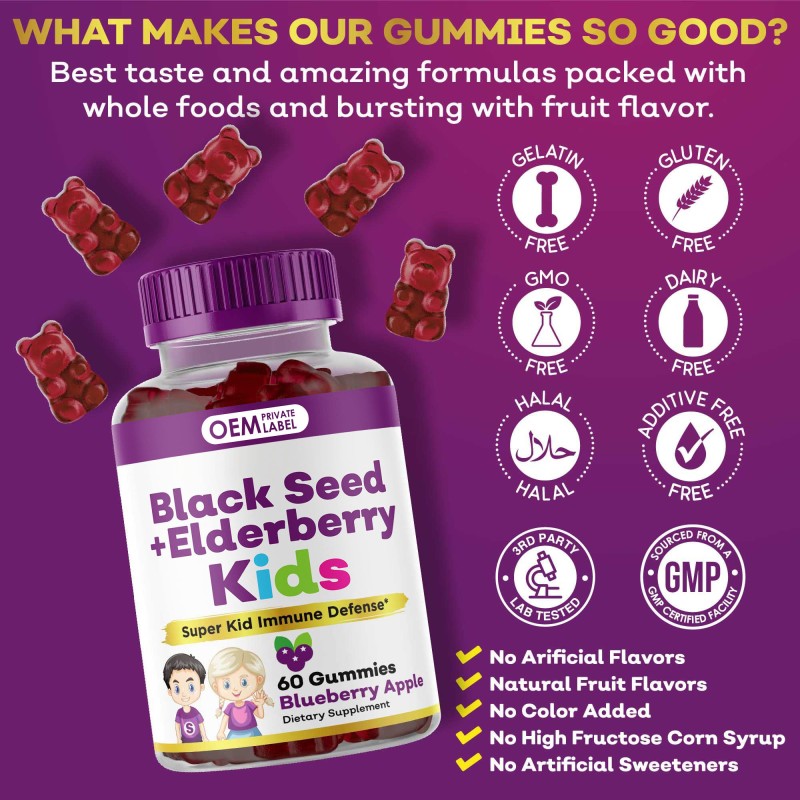OEM Immune Support Gummies for Kids - Berry Flavor with Elderberry, Black Seed Oil, Vitamin C, and Zinc