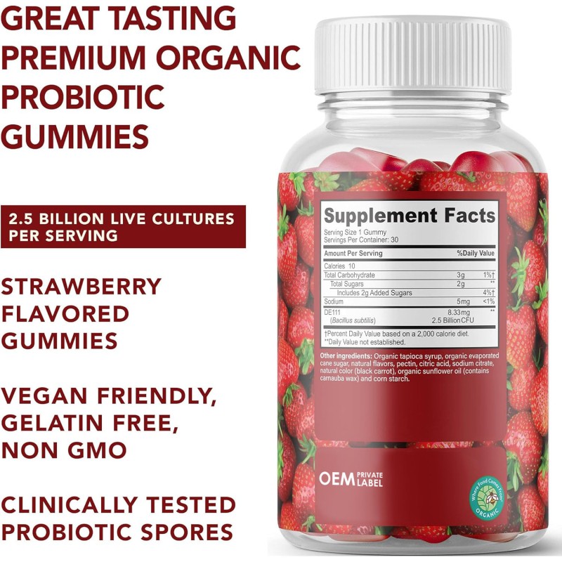 Organic Probiotic Gummies 5B CFUs for Digestion Bloating Relief and Immune Support Gummy Candy Dosage