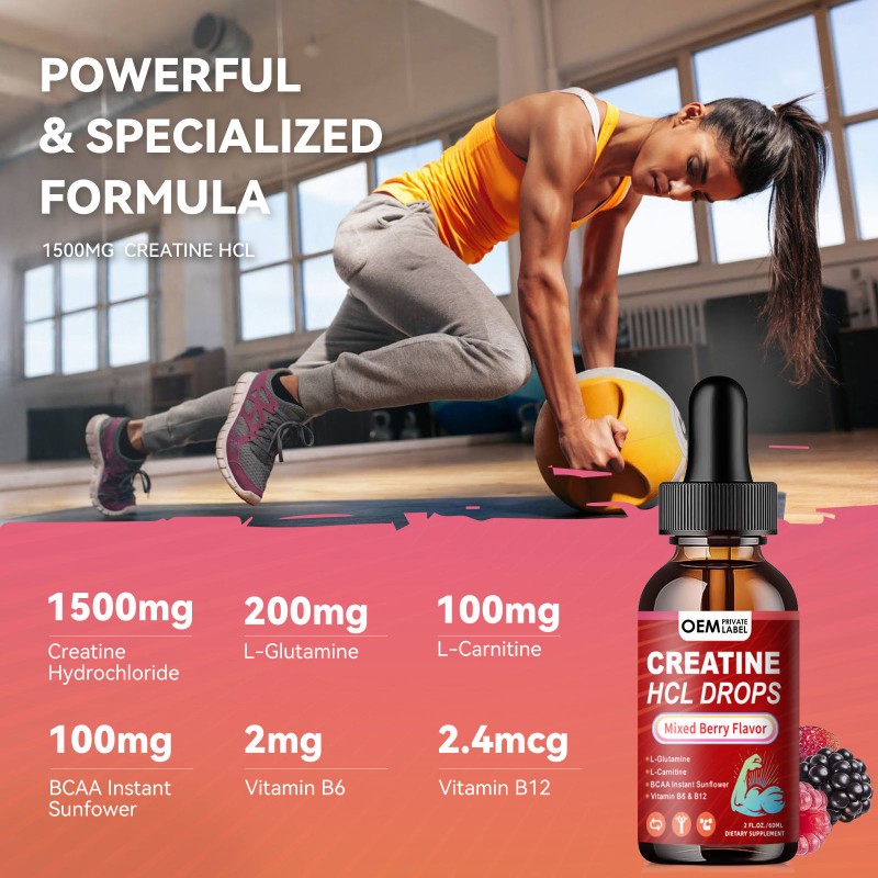 OEM Creatine HCL Liquid Drops with L-Carnitine, BCAA, Glutamine & Vitamins B12 B6 for Muscle Growth