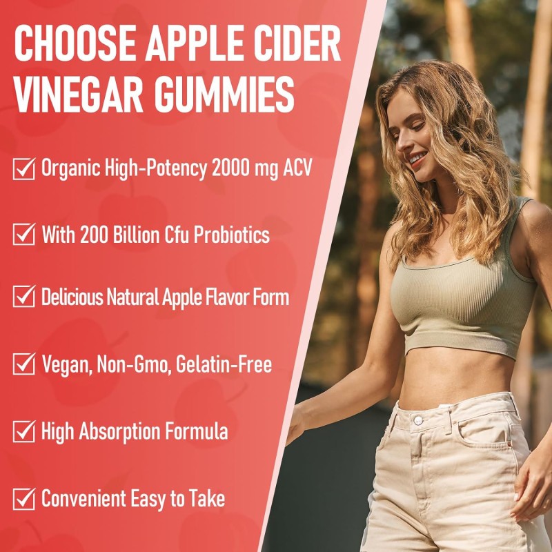 Apple Cider Vinegar Gummy Vitamins 180 Count B9 B12 Gelatin-Free Gluten-Free Vegan Non-GMO for Digestive Health Energy Boost