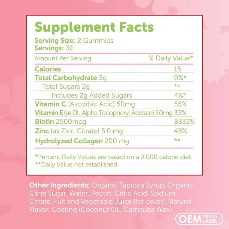 OEM Biotin 10000mcg Collagen Gummies with Vitamin C for Skin Whitening and Hair Growth Sugar-Free Supplement