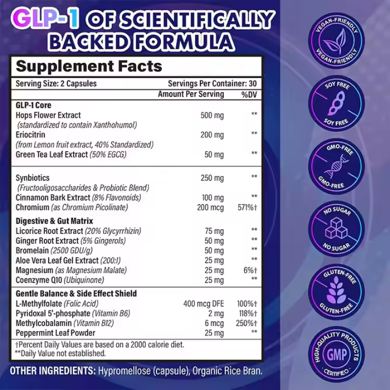 Natural GLP-1 Support Capsules - Hops & Green Tea Extract, Appetite Control & Metabolism Boost for Adults