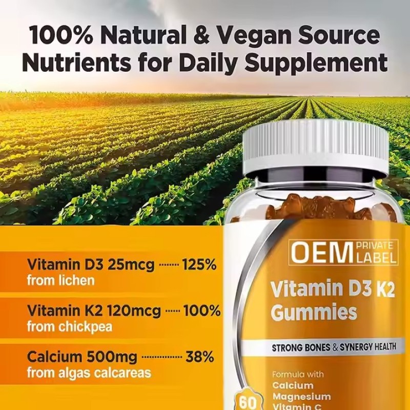 Biological Gummy Vitamins D3 K2 Calcium Mk7 Supplement Bone and Muscle Support Exercise Energy Supplement
