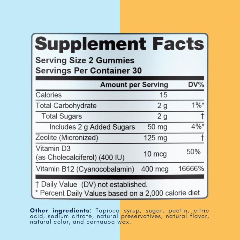 Natural Zeolite Detox Gummy Candy, Children's Heavy Metal Micronized Zeolite Vitamin D3 B12