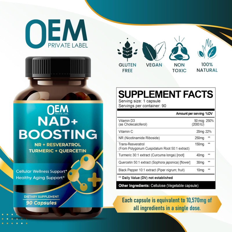 OEM Premium NAD+ Supplement with Trans Resveratrol, Berberine, Quercetin, Fisetin, and Milk Thistle for Enhanced Cellular Health