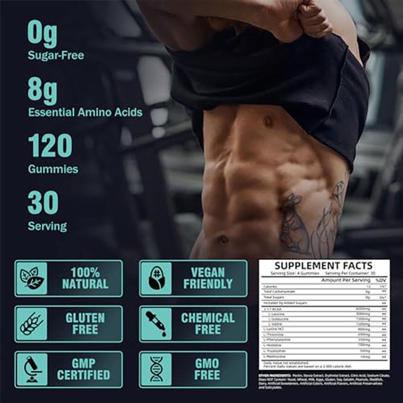 OEM EAA Gummies  Essential Amino Acids with BCAA, Non-GMO, Gluten-Free, Pre-Workout Sport Supplements