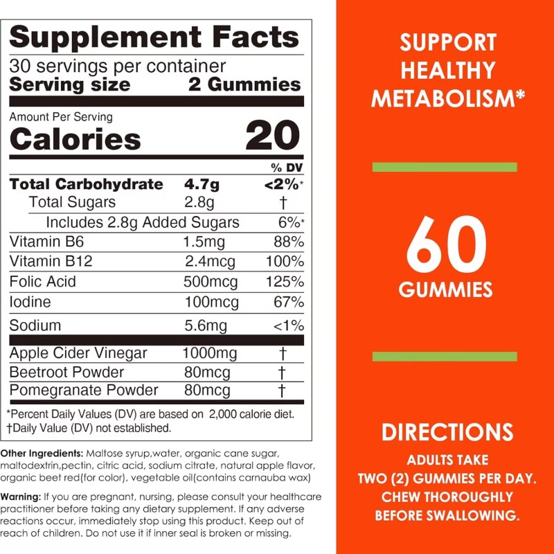 Apple Cider Vinegar Gummies with Vitamin B12 & Folic Acid - Detox Cleanse & Metabolism Booster for Energy & Weight Management