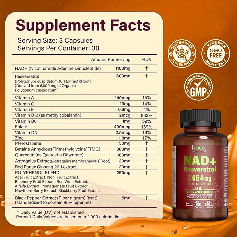 NAD Resveratrol Capsules, Liposome NAD Supplement for Men and Women, Improve Energy, Antioxidant