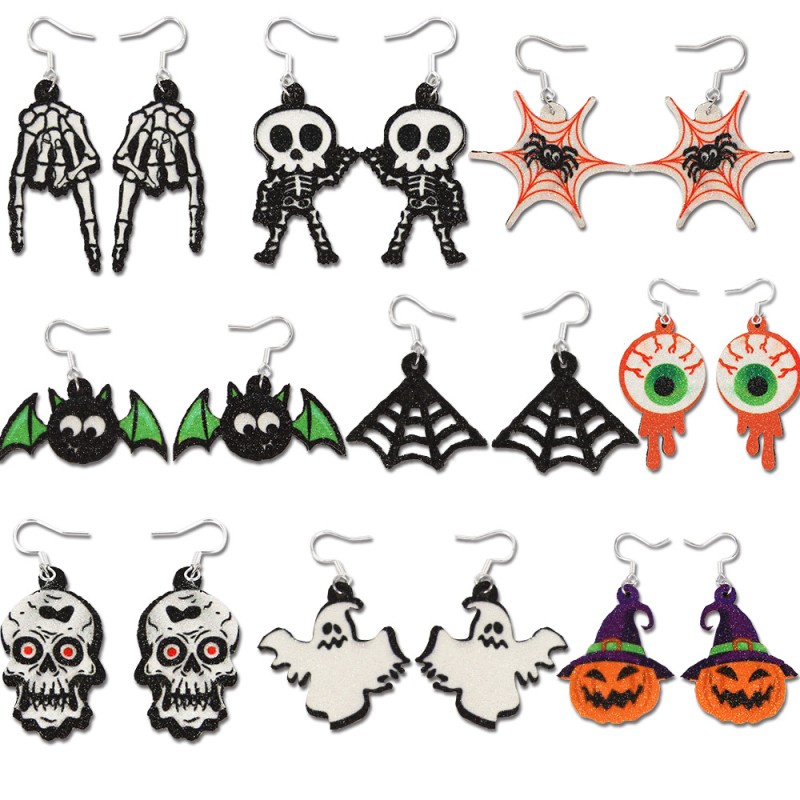 Halloween Earrings Factory - Halloween Printed Spider Web Skull Ghost Drop Earrings