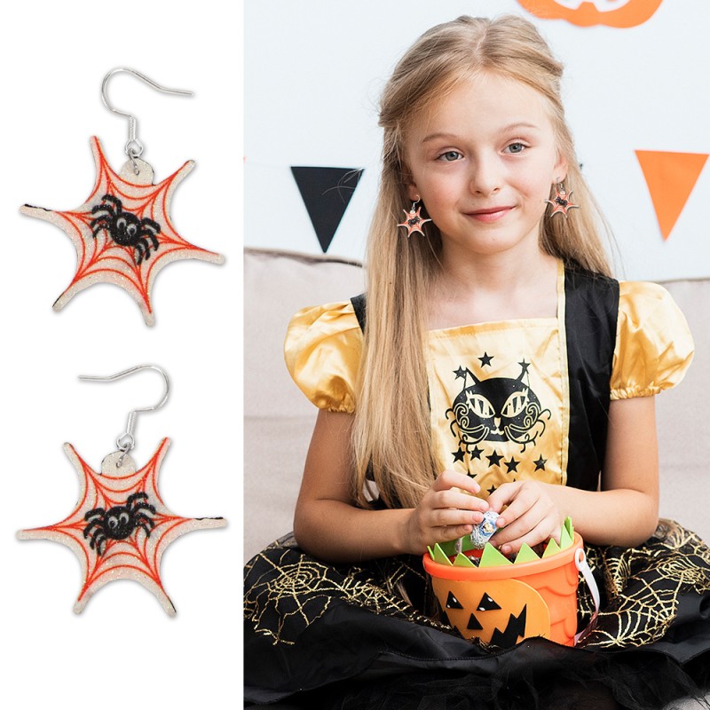 Halloween Earrings Factory - Halloween Printed Spider Web Skull Ghost Drop Earrings