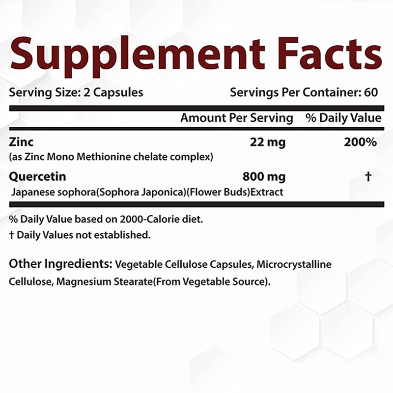 Zinc Quercetin Capsules Supplier - OEM 120 Vegetarian Antioxidant Immune Support
