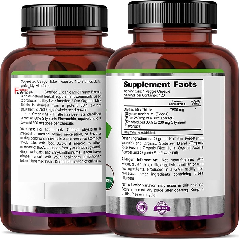 Milk Thistle Capsules Supplier - OEM Organic 30:1 Extract 7500mg 120 Vegan
