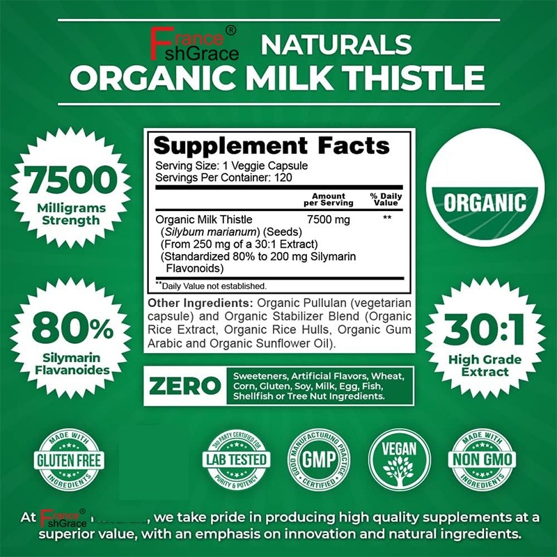 Milk Thistle Capsules Supplier - OEM Organic 30:1 Extract 7500mg 120 Vegan