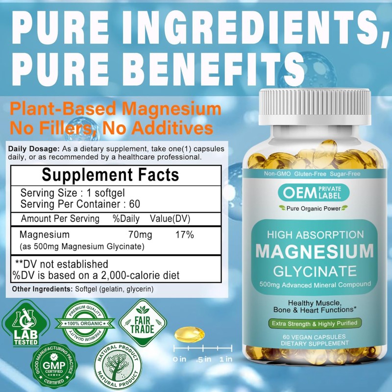 Magnesium Glycinate Softgels Manufacturer - OEM 500mg Muscle Heart Sleep Bone