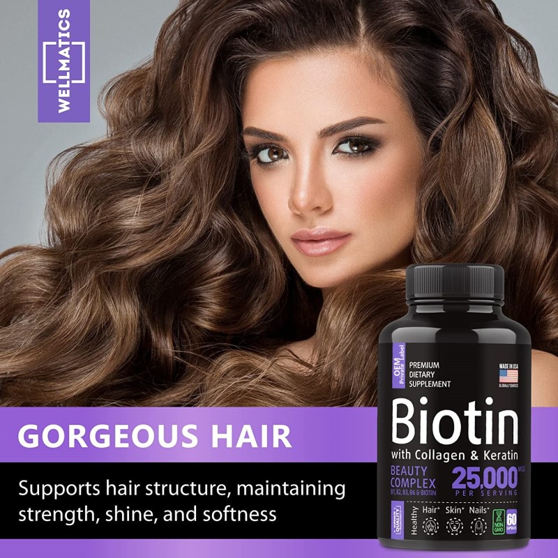 Biotin Capsules Manufacturer - OEM 25000mcg Hair Growth Collagen Keratin