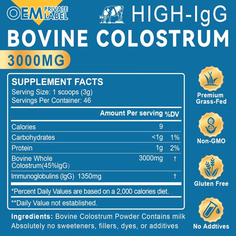 Bovine Colostrum Powder Factory - OEM 3000mg Immunity Gut Health Hair