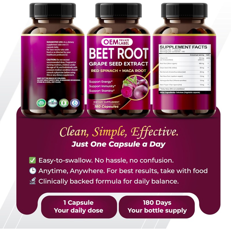 Beet Root Capsules Factory - OEM Grape Seed Maca Ashwagandha Energy