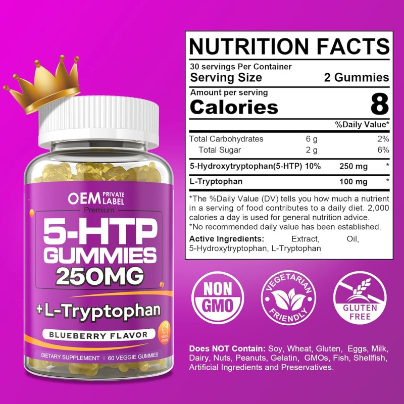 5-HTP Gummies Factory - OEM 250mg L-Tryptophan Stress Brain Support