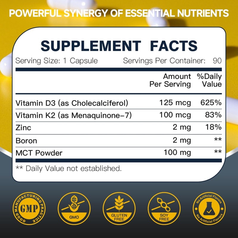 Vitamin D3 K2 Capsules Manufacturer - OEM 125mcg D3 100mcg K2 Zinc Boron
