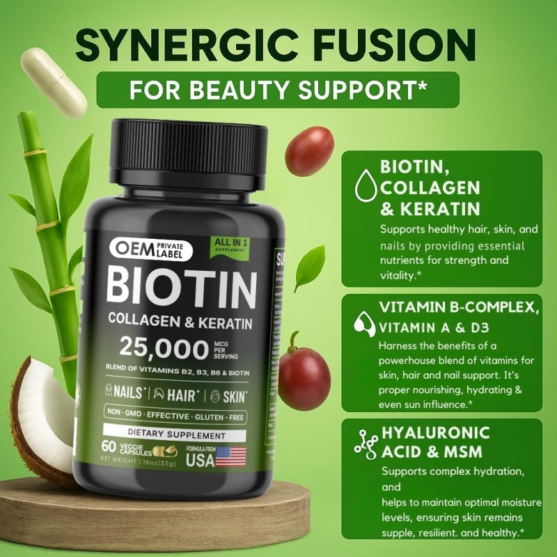 Biotin Capsules Factory - OEM 25000mcg Collagen Keratin B Complex