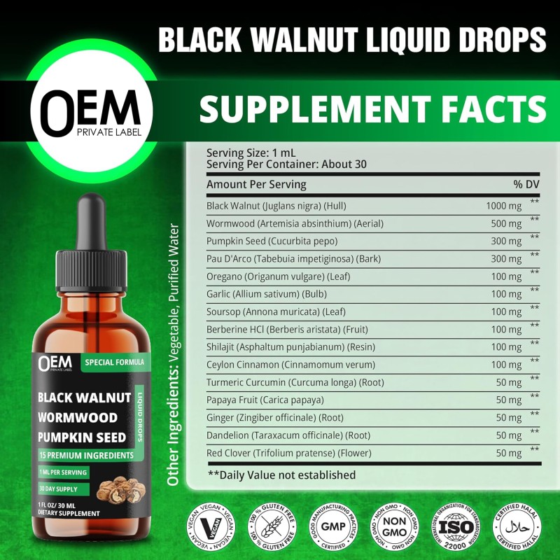 Black Walnut Drops Factory - OEM 15 in 1 Wormwood Oregano Garlic Shilajit