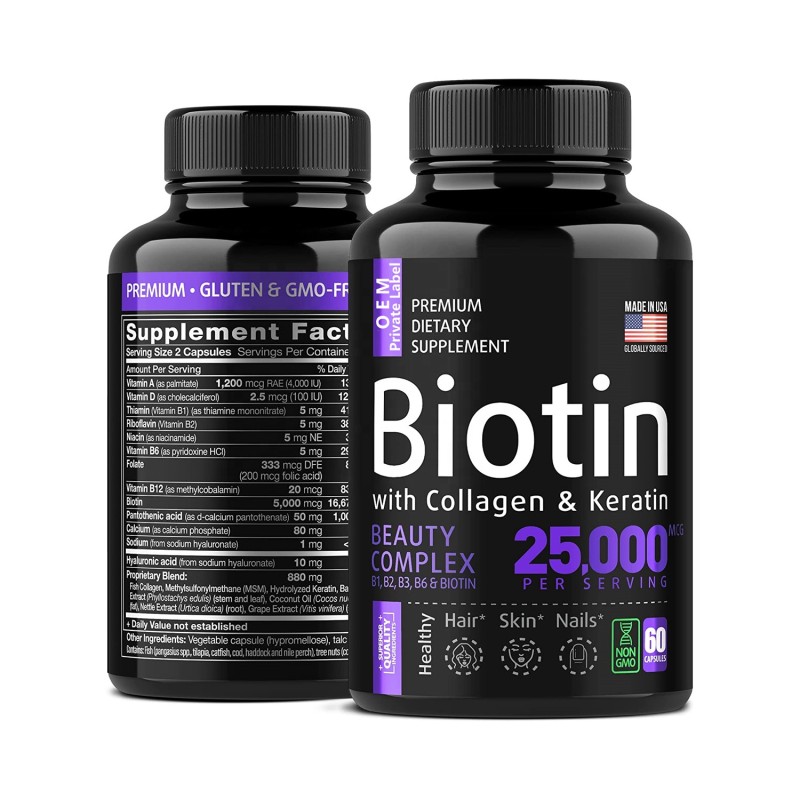 Biotin Capsules Manufacturer - OEM 25000mcg Hair Growth Collagen Keratin